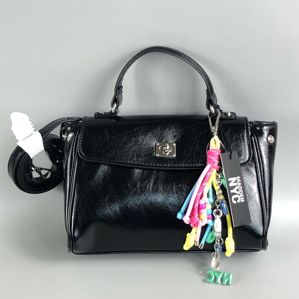 Madden NYC Black Flap Top Handbag with Colorful Charm